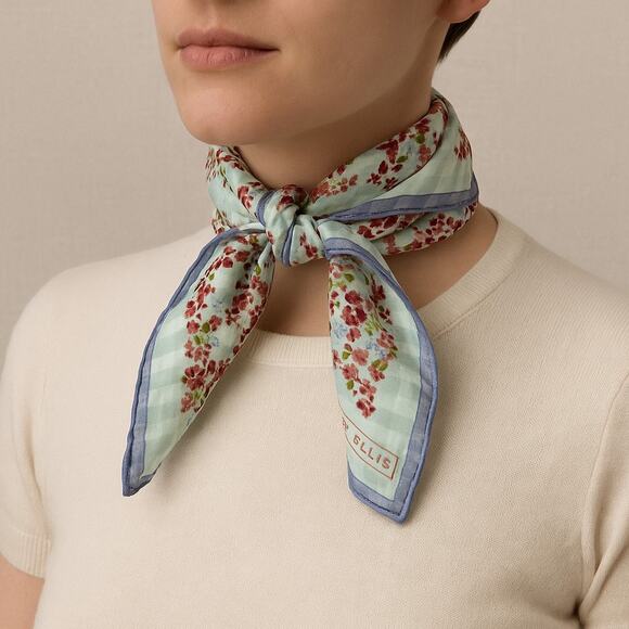 Vtg 1990s Perry Ellis 100% Silk Floral Gingham Scarf 20.5” Square Made in Korea - Picture 2 of 9